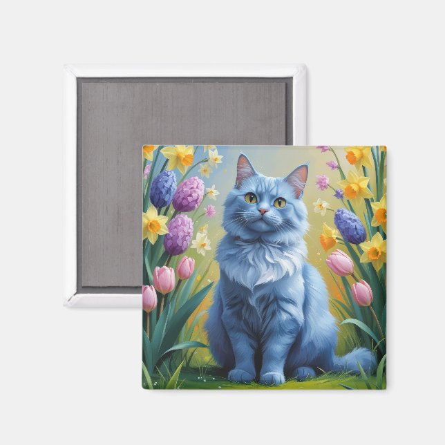 Íman Pintura de Flores de Primavera do Gato Azul Russo (Front/Back)