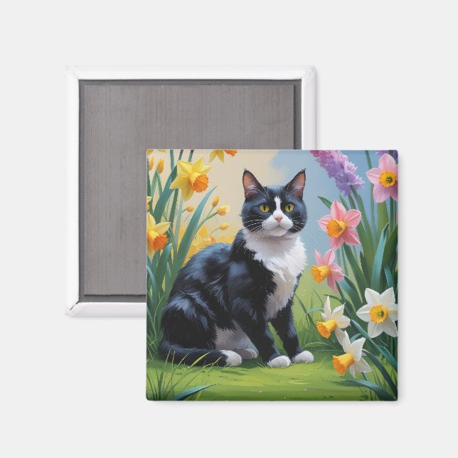 Íman Pintura de Flores de Primavera do Gato Smoking  (Front/Back)