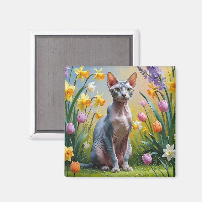 Íman Pintura de Flores de Primavera do Gato Sphynx (Front/Back)