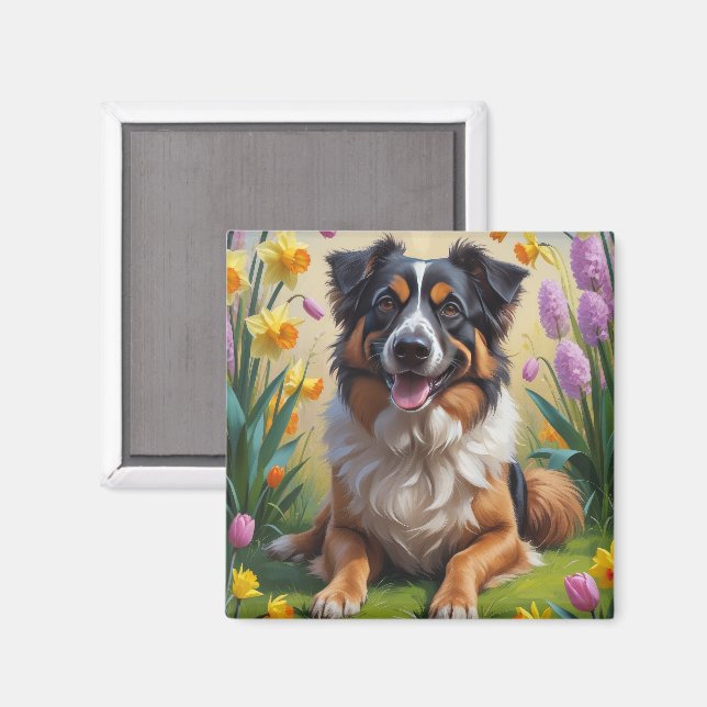 Íman Pintura de Flores de Primavera do Pastor Belga (Front/Back)