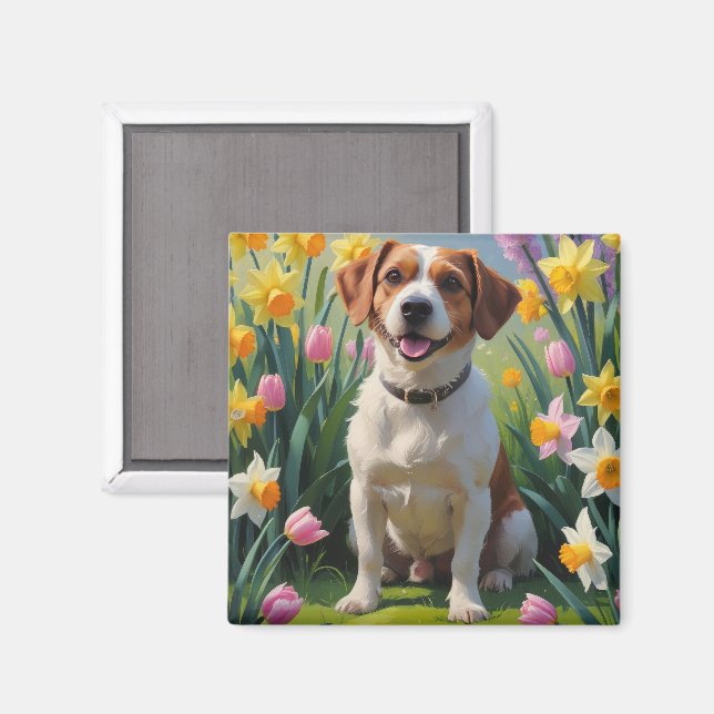 Íman Pintura de Flores de Primavera do Terrier da Baía  (Front/Back)