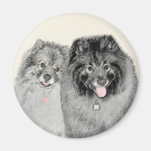 Íman Pintura de Keeshond, Mãe e Filho - Arte Original d