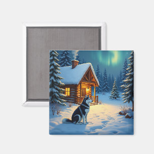 Íman Pintura de Natal de Cabana Nevada com Husky Siberi