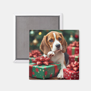 Íman Pintura de Natal do Beagle Envolvendo Presentes