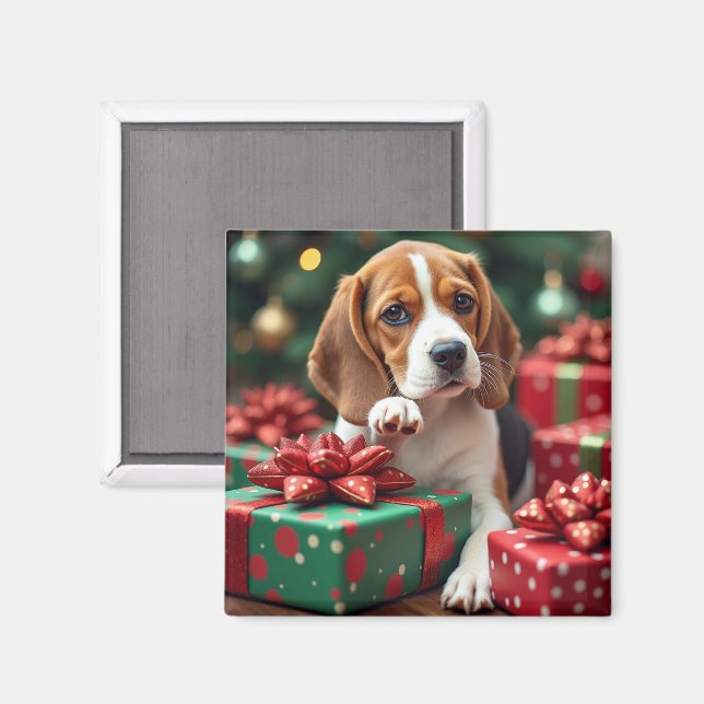 Íman Pintura de Natal do Beagle Envolvendo Presentes (Front/Back)