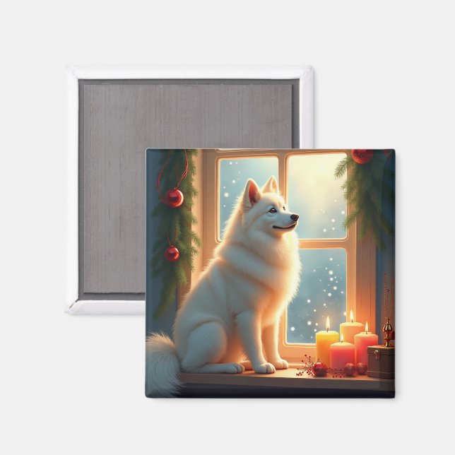 Íman Pintura de Natal do Samoyed sob o Azevinho (Front/Back)
