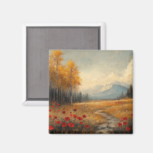 Íman Pintura de Prado de Outono Vintage Papoulas
