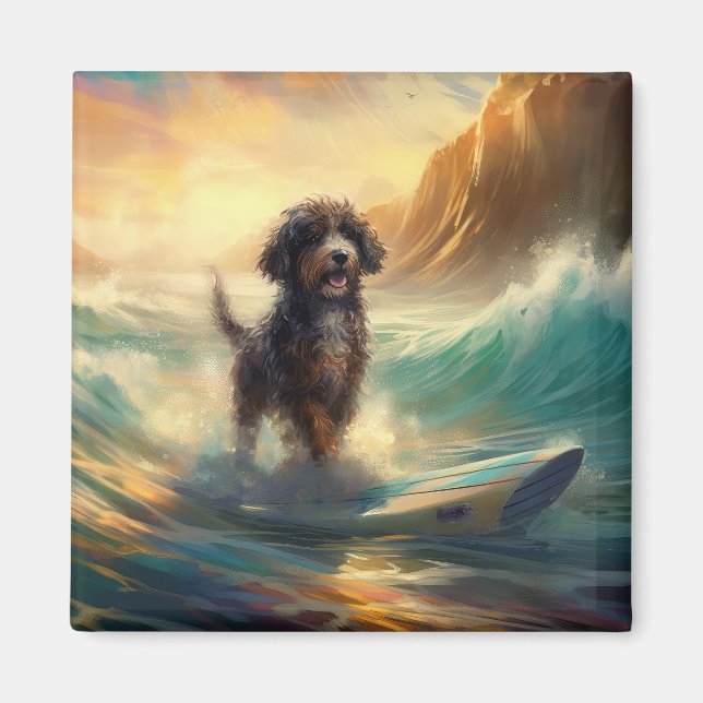 Íman Pintura de surfe na praia de Bernedoodle (Frente)