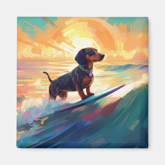 Íman Pintura de surfe na praia de Dachshund (Frente)
