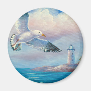 Íman Pintura de uma gaivota que voa perto de um farol