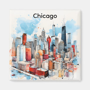 Íman Pintura em Aquarela da Cidade de Chicago