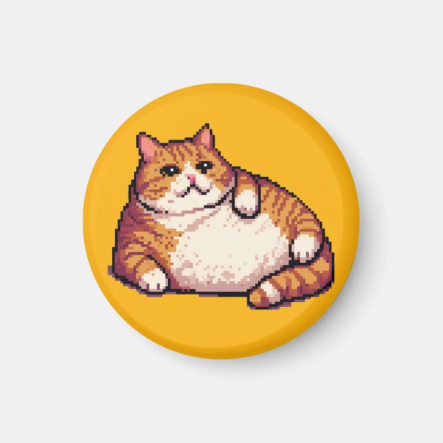 Íman Pintura em forma de pixel de gato gordo laranja (Frente)