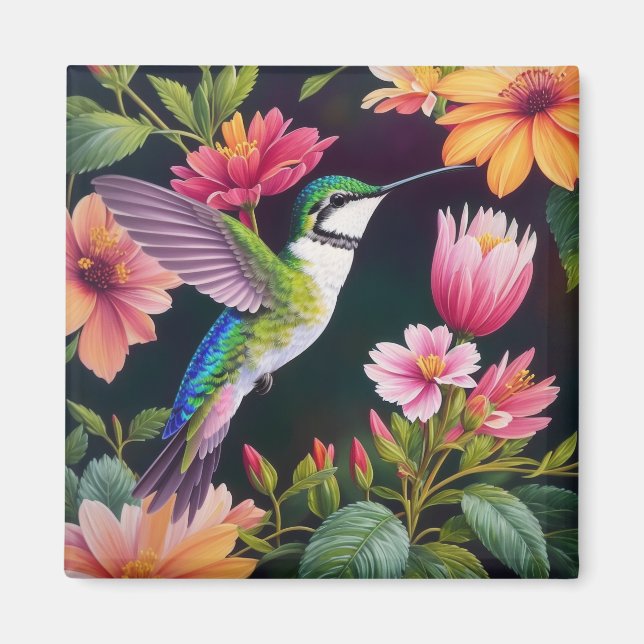 Íman Pintura Floral Colorida do Hummingbird (Frente)