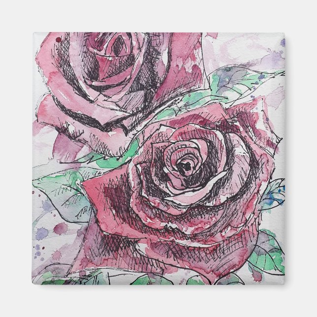 Íman Pintura Floral Flores Aquarela Rosa Vermelha (Frente)