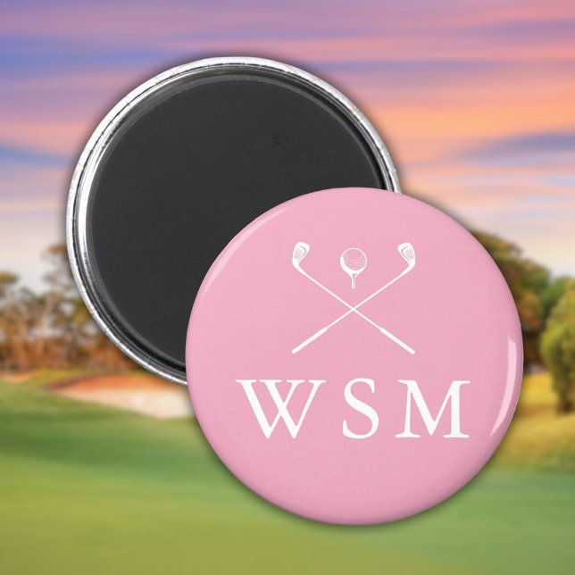 Íman Pistas de Golfe do Monograma Personalizado Rosa (Pink Personalized Monogram Golf Clubs Magnet)