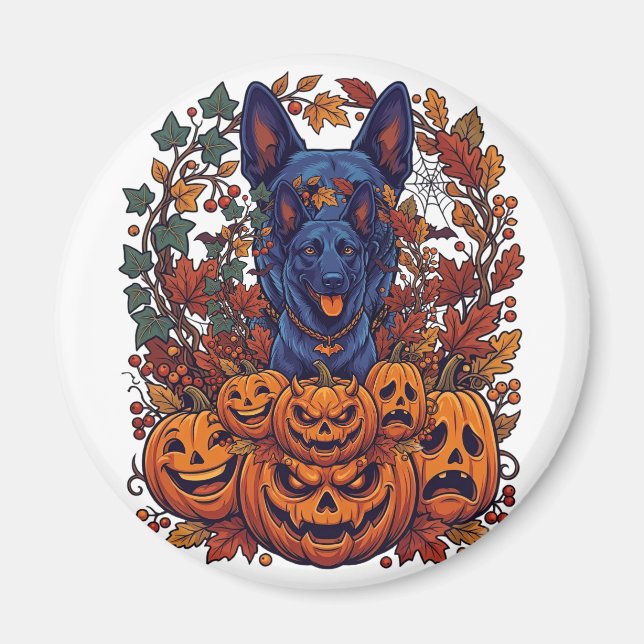 Íman Pitbull Azul Abóboras de Halloween Folhas de Outon (Frente)