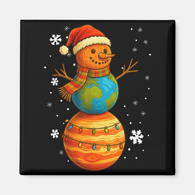 Íman Planet Snowman Earth Saturn Christmas Holiday Art  (Frente)