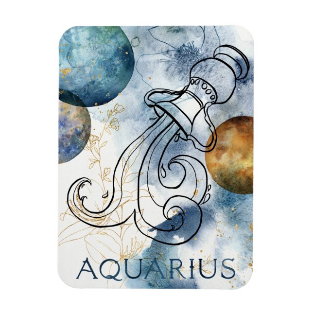 Íman Planetas de texto em ouro negro azul Aquarius zodi (Vertical)