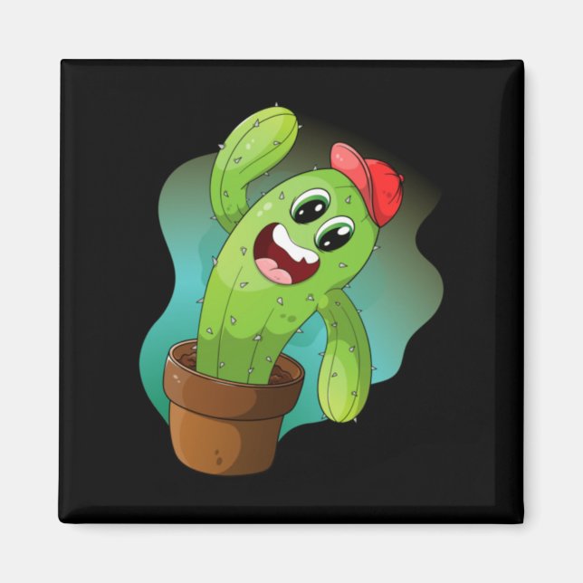 Íman Planta de Cacto de Desenho Animado Feliz (Frente)
