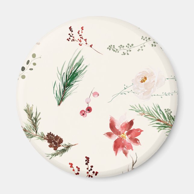 Íman Poinsettia de Inverno Boho com Pinheiro e Folhagem (Frente)