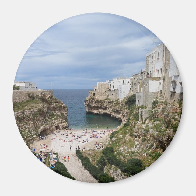 Íman Polignano a Mare city Beach, em Puglia - ímã redon (Frente)
