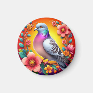 Íman Pombo Colorido Rodeado por Flores Vibrantes
