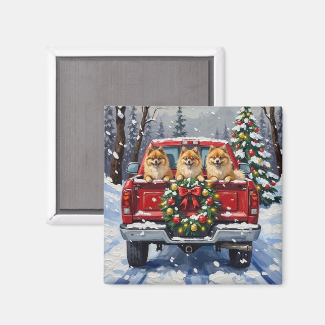 Íman Pomeranian Christmas Red Truck Holiday Gift (Front/Back)