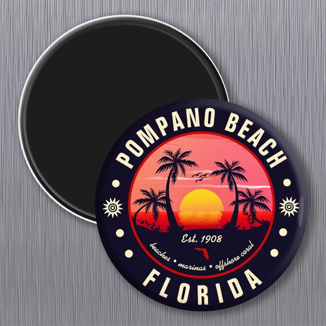 Íman Pompano Beach Florida Retro Sunset Souvenir (Criador carregado)