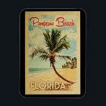 Íman Pompano Beach Palm Viagens vintage<br><div class="desc">Um impressão de arte da Flórida de Pompano Beach,  do século médio único,  no estilo poster viagens vintage. Ele apresenta uma palmeira curva na praia arenosa com oceano sob um céu azul nublado.</div>