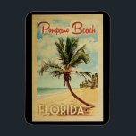 Íman Pompano Beach Palm Viagens vintage<br><div class="desc">Um impressão de arte da Flórida de Pompano Beach,  do século médio único,  no estilo poster viagens vintage. Ele apresenta uma palmeira curva na praia arenosa com oceano sob um céu azul nublado.</div>
