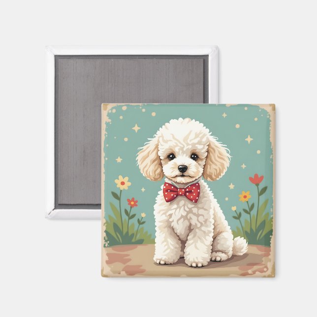 Íman Poodle branco adorável com gravata borboleta (Front/Back)
