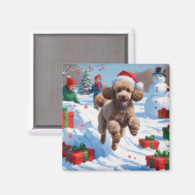 Íman Poodle Correndo na Neve com Chapéu de Natal (Front/Back)