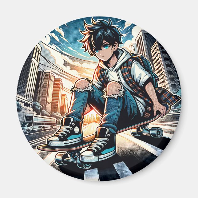 Íman Pop Art Boy no skate na cidade (Frente)