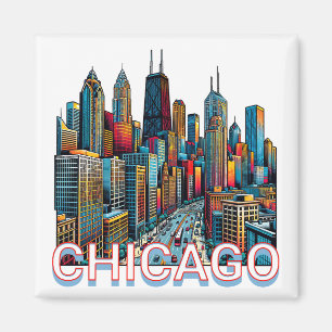 Íman Pop-art Comic Book Art Chicago Illinois Skyline