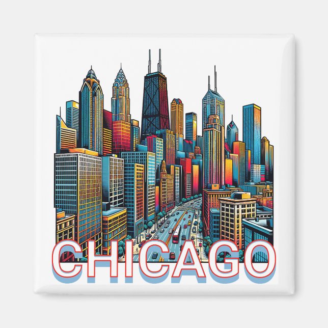 Íman Pop-art Comic Book Art Chicago Illinois Skyline (Frente)