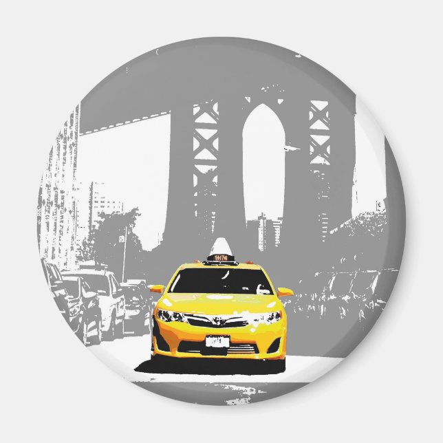 Íman Pop Art Image Ny Yellow Taxi Nyc Brooklyn Bridge (Frente)