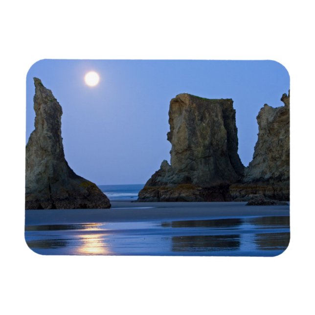 Íman Pôr da lua, Praia de Bandon, Oregon. (Horizontal)