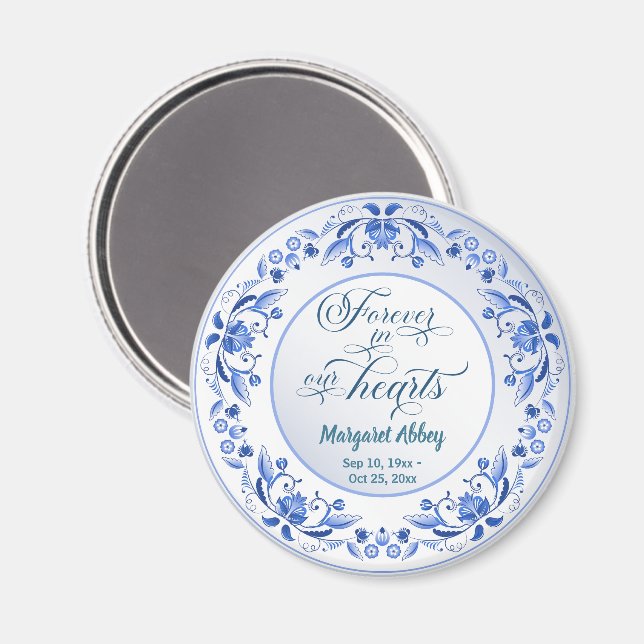 Íman Porcelain Blue Floral Funeral Keepsael (Front/Back)