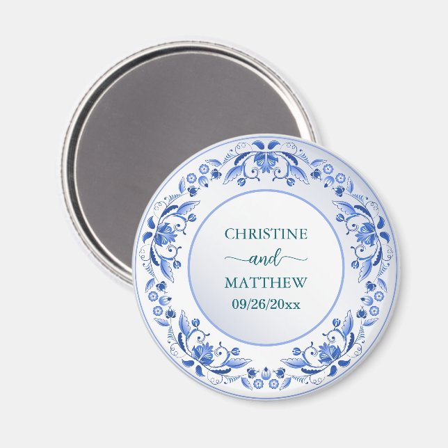 Íman Porcelain Blue Floral Weding Favor (Front/Back)