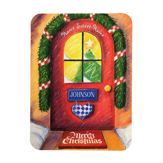 Íman Porta da Frente Vermelha Cozy - Feliz Natal - Casa (Vertical)