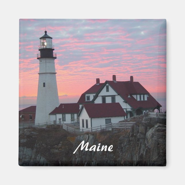 Íman Portland Headlight Sunrise Maine Square Magnet (Frente)