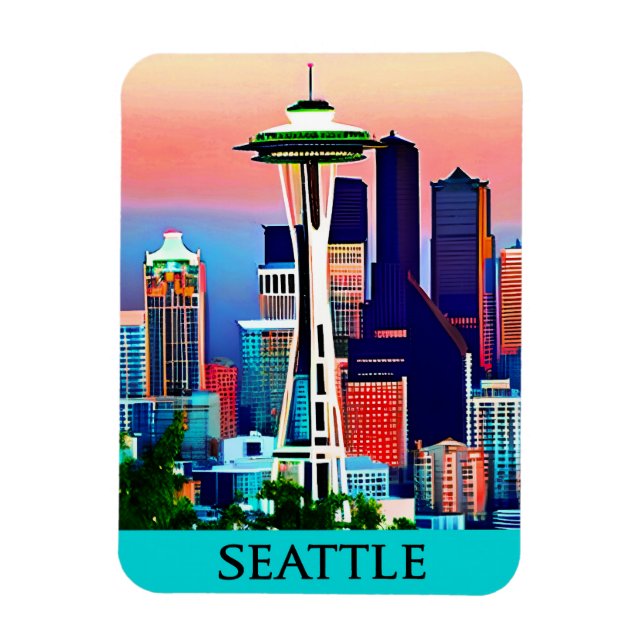 Íman Poster de viagens de Seattle no céu amanhecer (Vertical)