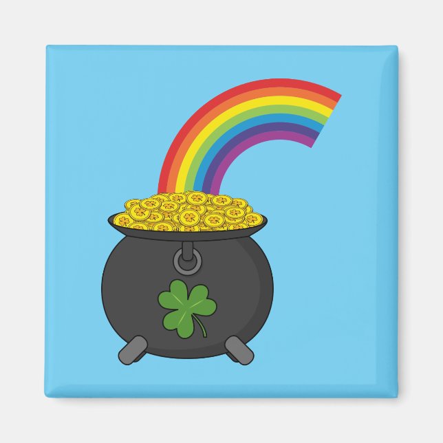 Íman Pote de Cartoon Dourado do Arco-Íris (Frente)