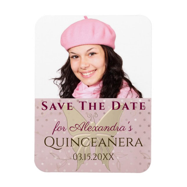 Íman Poupar Data Rosa Dourado Quinceanera Foto (Vertical)