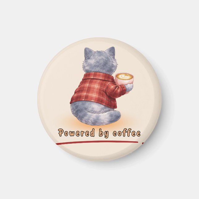Íman "Powered by Coffee" Cat Holding A Cup of Coffee (Frente)