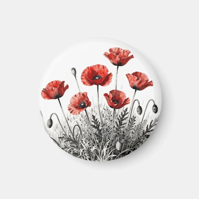 Íman Prado de Flores de Papoula Vermelha Vibrante (Frente)