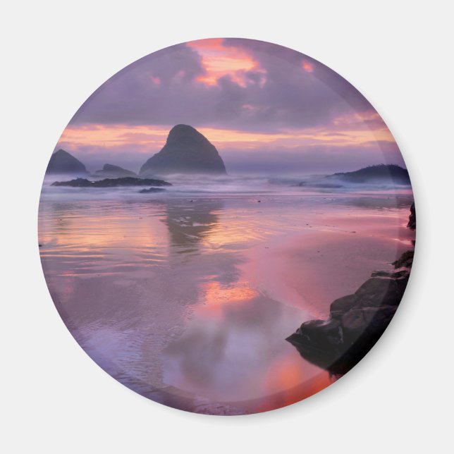 Íman Praia e pilares de rocha do Oregon, pôr do sol (Frente)