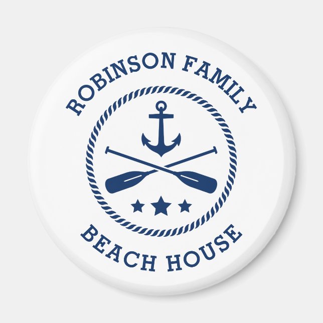 Íman Praia House & Family Name Anchor Oars Stars Round (Frente)