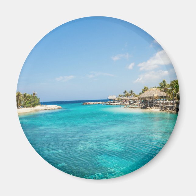 Íman Praia Tropical Azul Gemida com Huts Atchados (Frente)