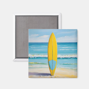 Íman Prancha de surfe azul e amarela na praia